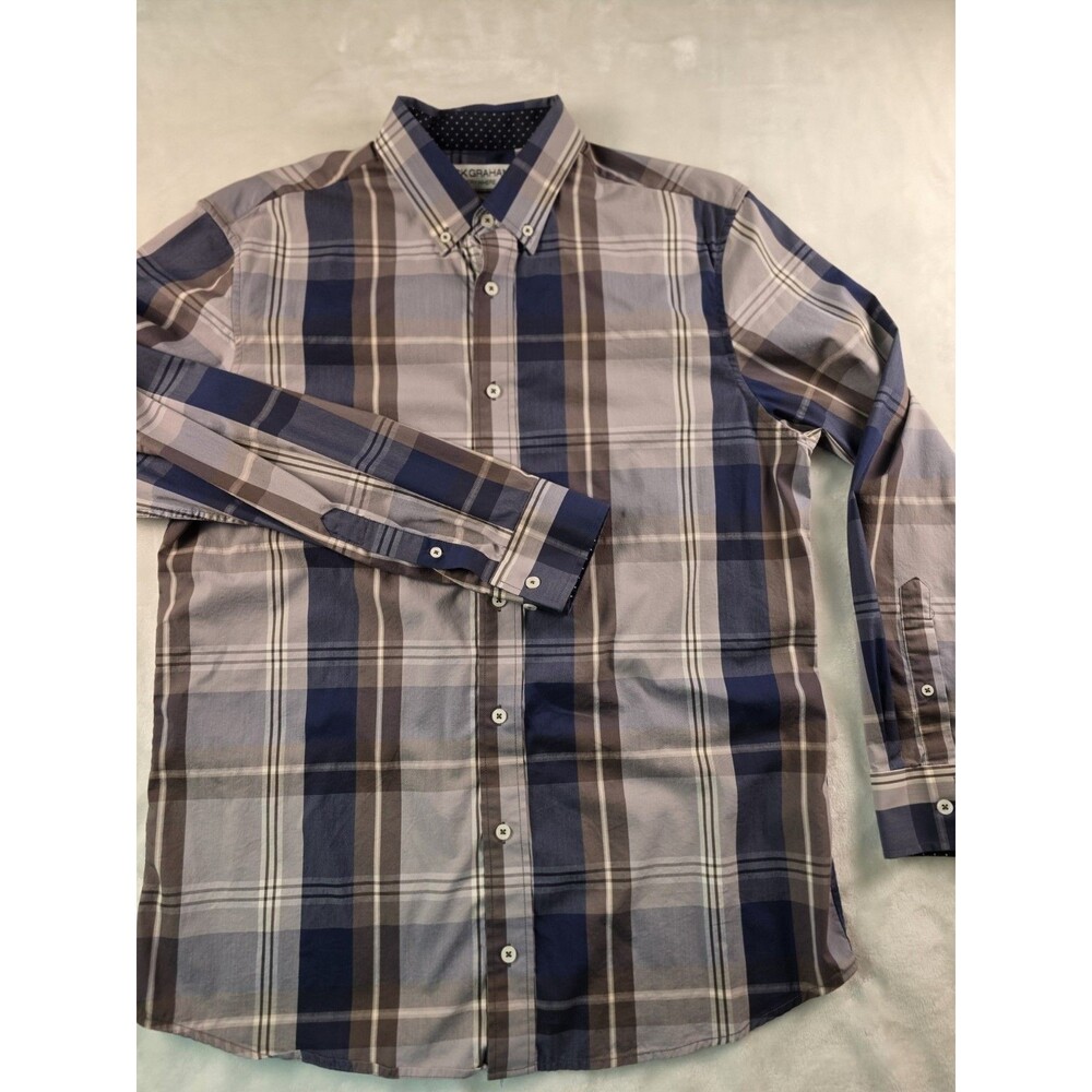Nick Graham Men's Large‎ Stretch Modern Fit Blue Plaid Long Sleeve Shirt